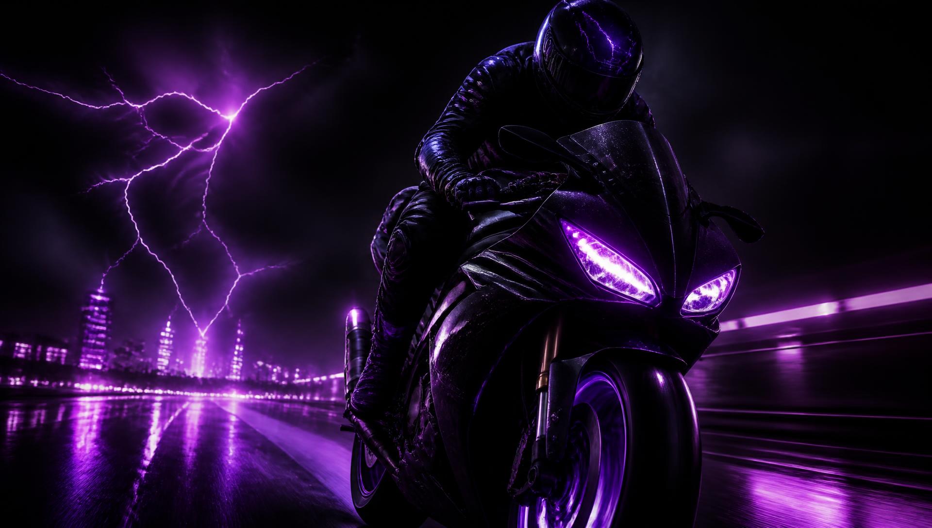 Motociclista em alta velocidade com efeitos de neon roxo